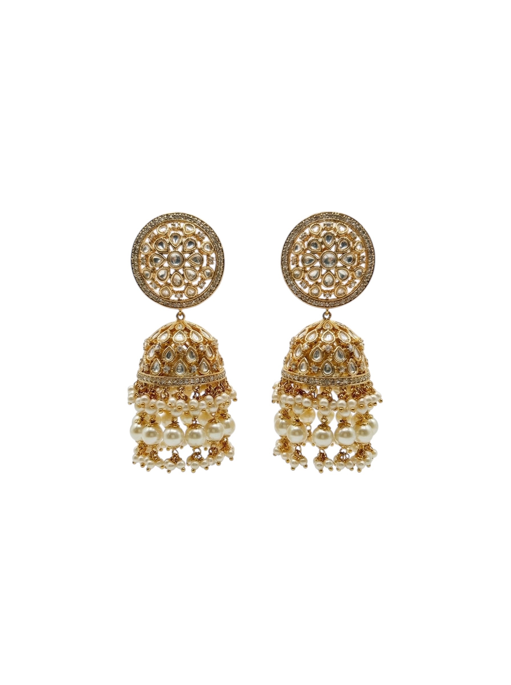 Large gold plated Kundan Jhumka earrings featuring an oversized circular stud, intricate stone detailing, and a heavy cluster of white pearl drops.